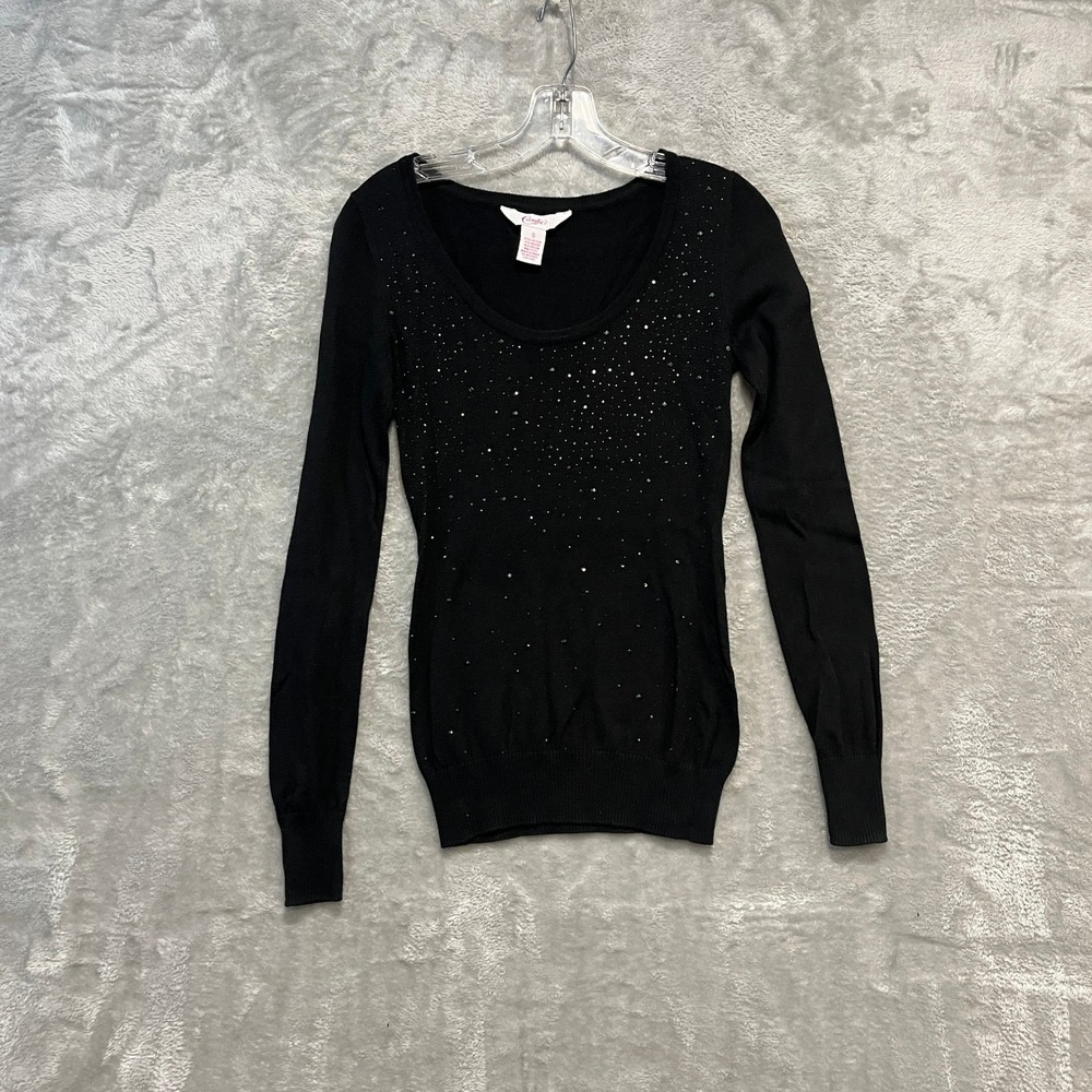 Candie's Sweater Womens Small Black Rhinestone Embellished Scoop Neck‎ Pullover